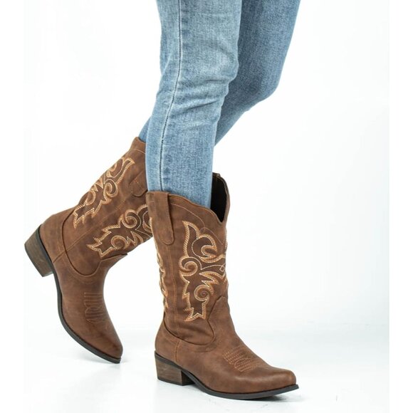 J's.o.l.e Women Brown Cowgirl Boots Cowboy Pointed Toe Wide Mid Calf - Picture 3 of 9